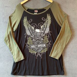 Harley-Davidson Eagle Long Sleeve T-Shirt Women's L Scoop Neck Black Olive